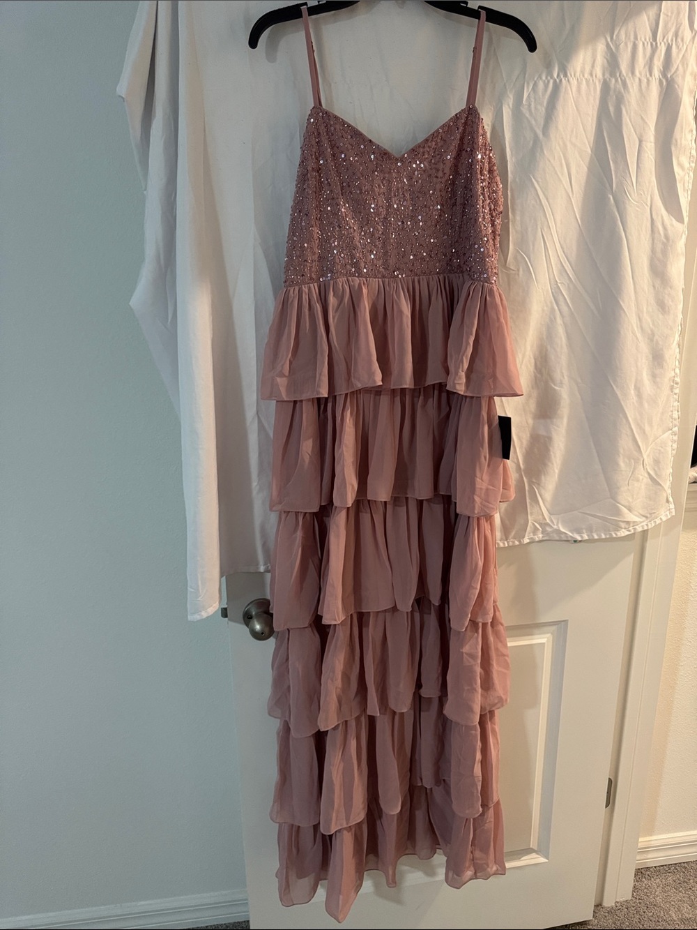 Lulu's Dusty Rose Sequin Tiered Ruffle Maxi Dress